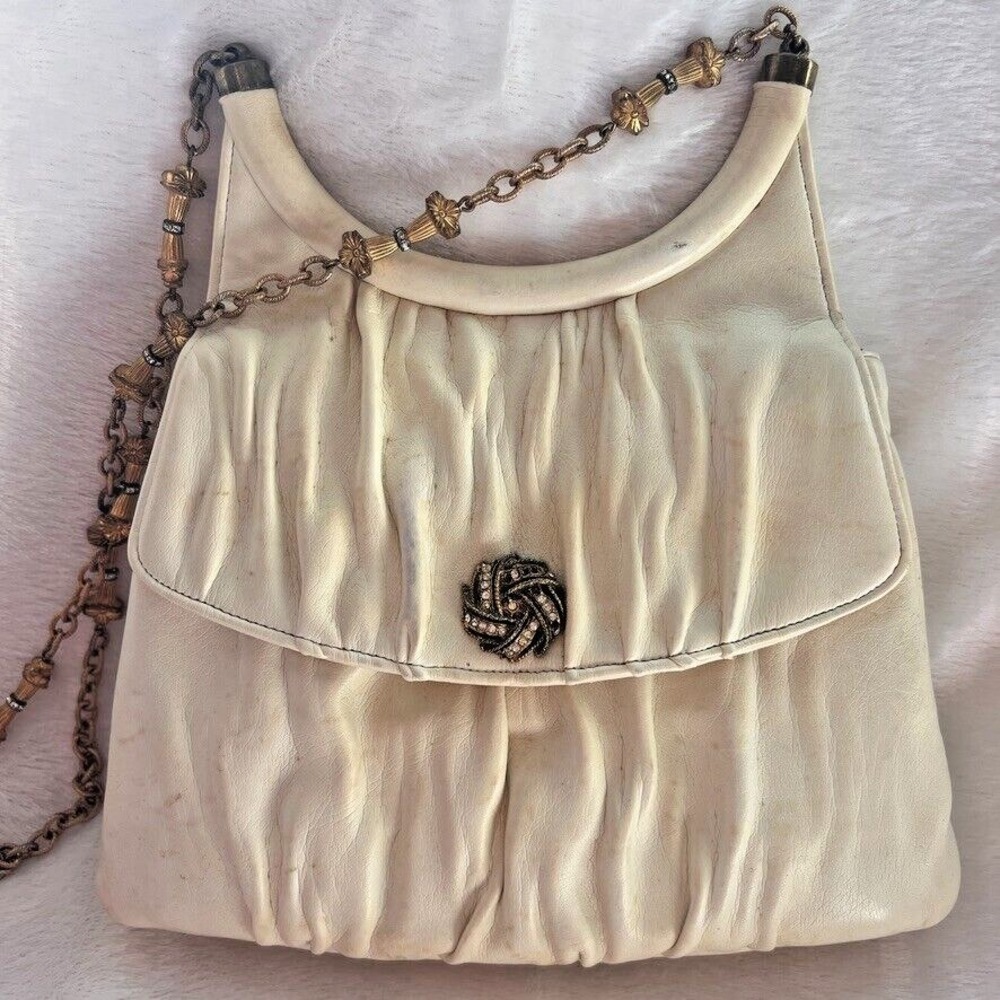 Vintage Lou Taylor Handbag Evening Chain‎ Shoulder Bag Rhinestones Ivory MCM